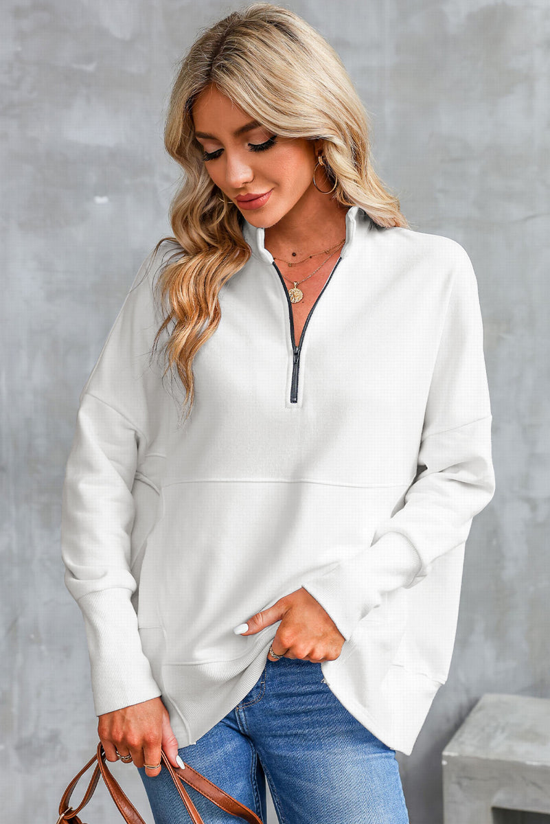 Half Zip Pocketed Dropped Shoulder Sweatshirt White