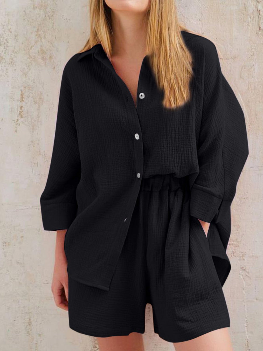 Texture Button Up Shirt and Shorts Set Black