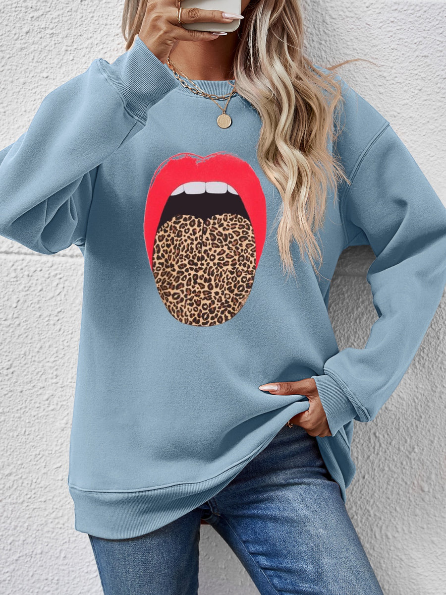 Leopard Lip Graphic Round Neck Sweatshirt Light Blue