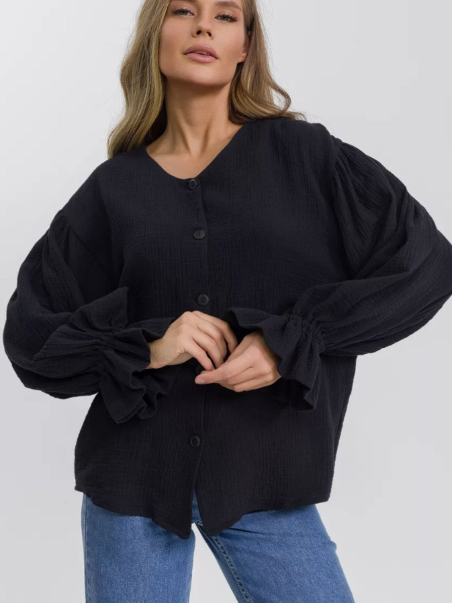 Button Up Flounce Sleeve Shirt Black