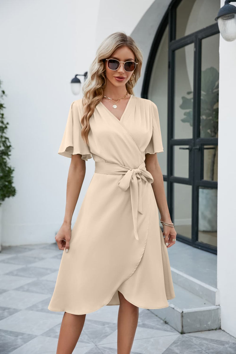 Tie Waist Flutter Sleeve Surplice Dress Beige