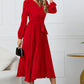 V-Neck Long Sleeve Tie Waist Midi Dress