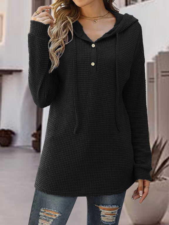 Half Button Up Drawstring Hoodie Black