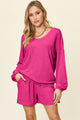 Double Take Full Size Texture V-Neck Long Sleeve T-Shirt and Shorts Set Hot Pink