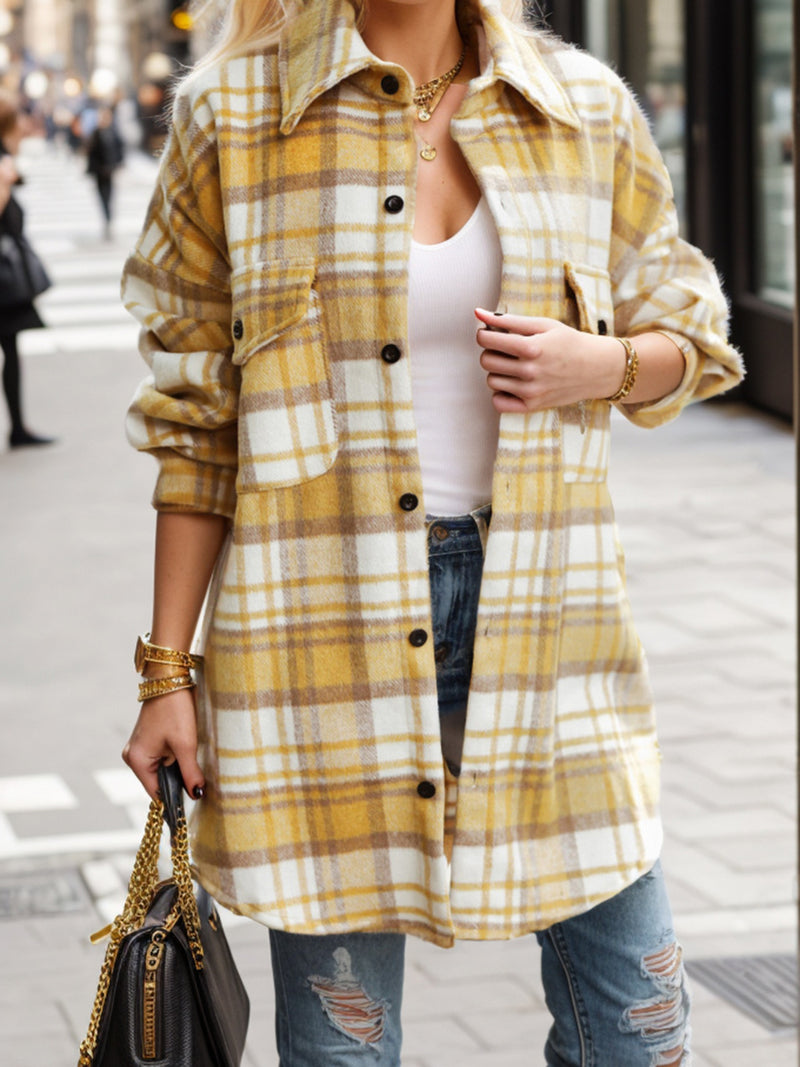 MeiMei Pocketed Plaid Button Up Dropped Shoulder Shacket