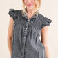 And The Why Full Size Ruffled Button Up Cap Sleeve Denim Top