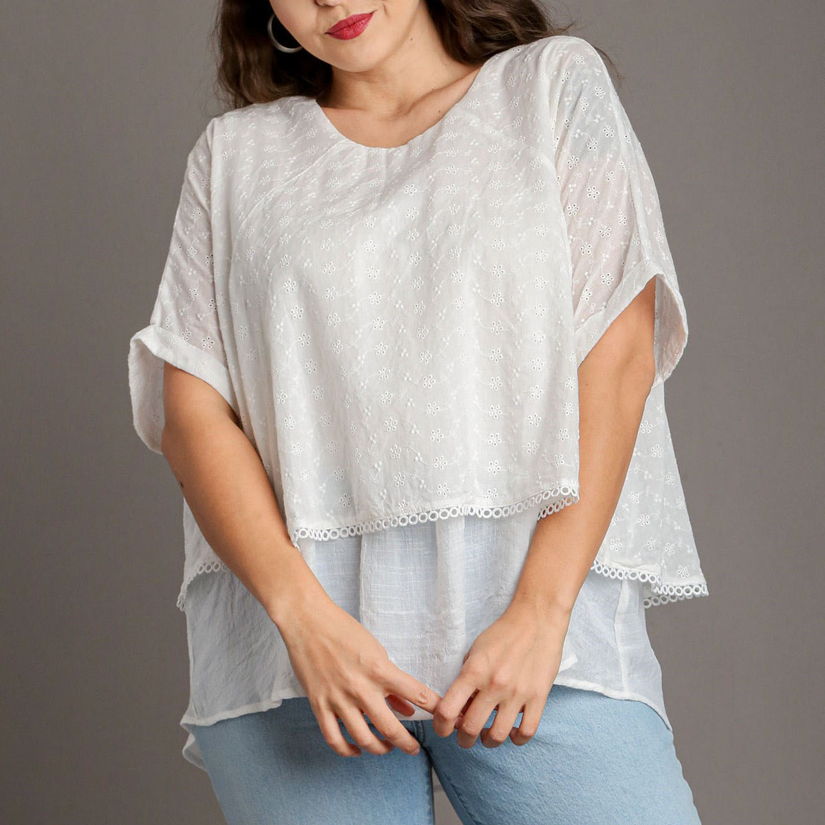 Umgee Full Size Eyelet Layered Short Sleeve Blouse Plus Size