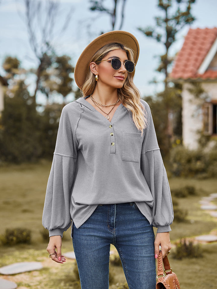 Dropped Shoulder Button-Down Hoodie Gray
