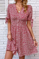Ditsy Floral Tied Puff Sleeve Button Front Dress Deep Red