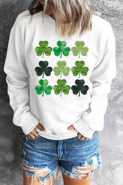 Lucky Clover Round Neck Dropped Shoulder Sweatshirt White