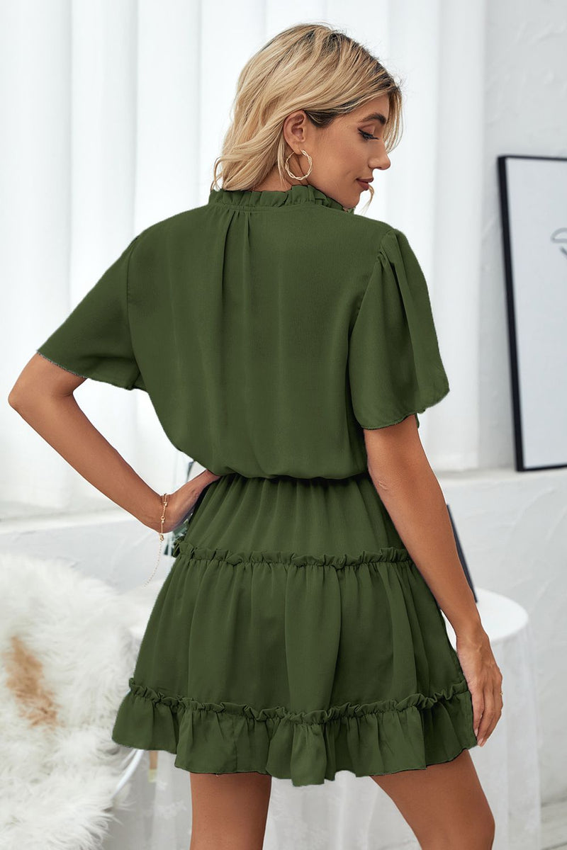 Tie Neck Frill Trim Short Sleeve Mini Dress