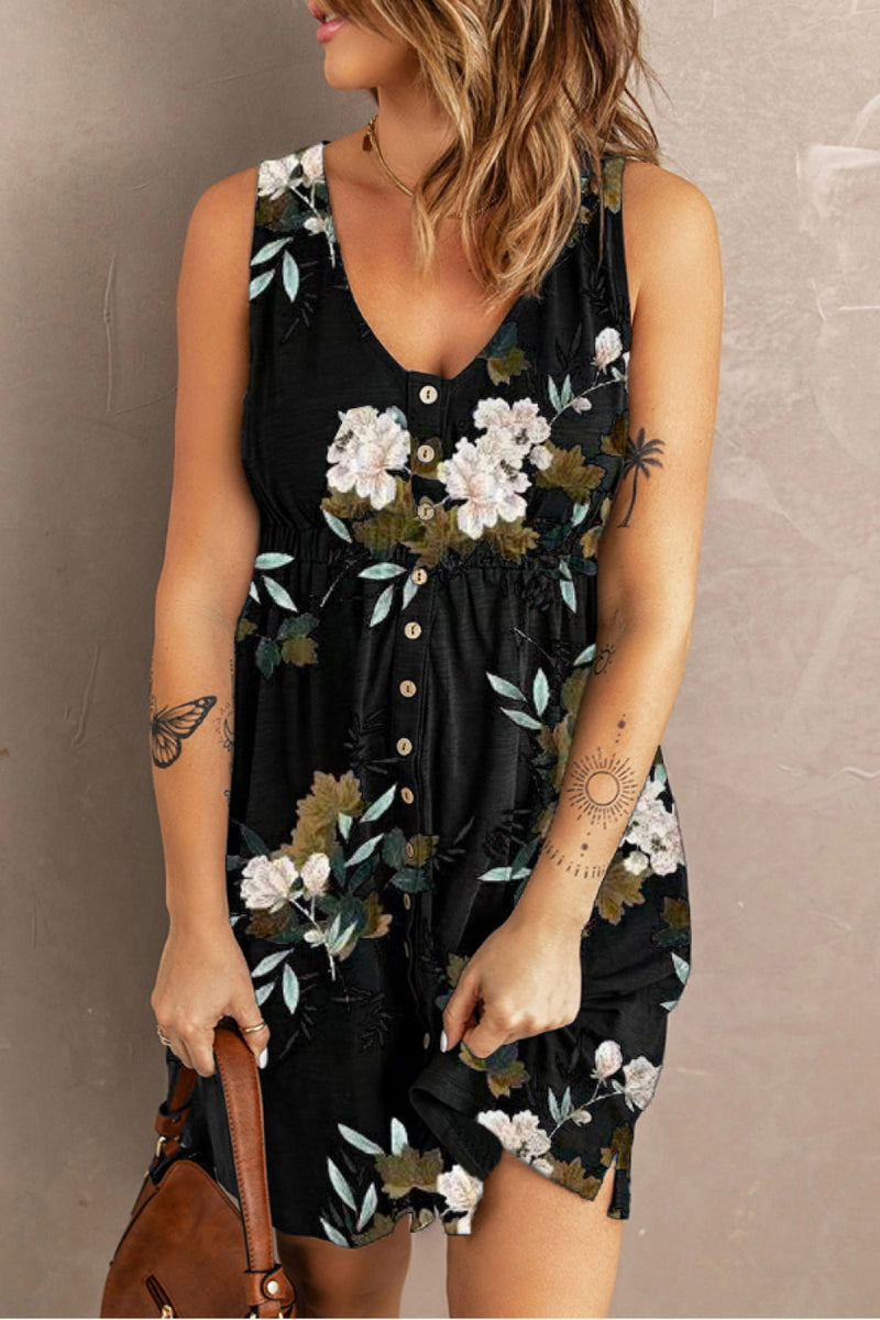Double Take Printed Scoop Neck Sleeveless Buttoned Magic Dress with Pockets Black