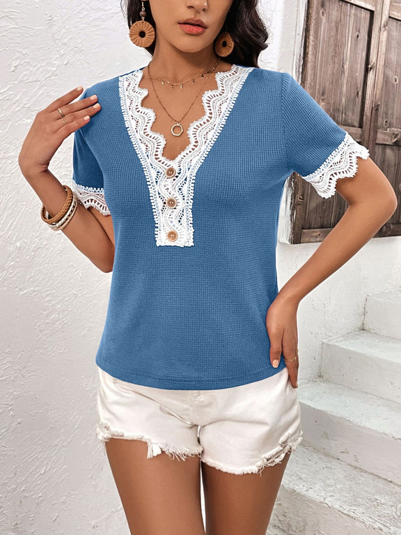Ivy Lane Lace Detail V-Neck Short Sleeve T-Shirt Sky Blue