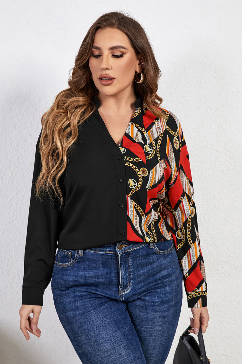 Honey Melo Apparel Plus Size Contrast Color Notched Neck Shirt