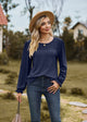 Round Neck Flounce Sleeve Top Dark Blue