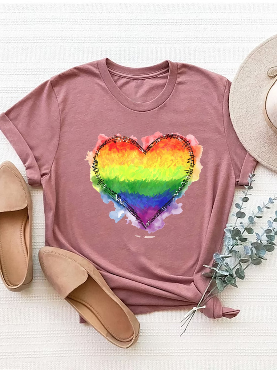 Heart Graphic Round Neck Short Sleeve T-Shirt Dusty Pink