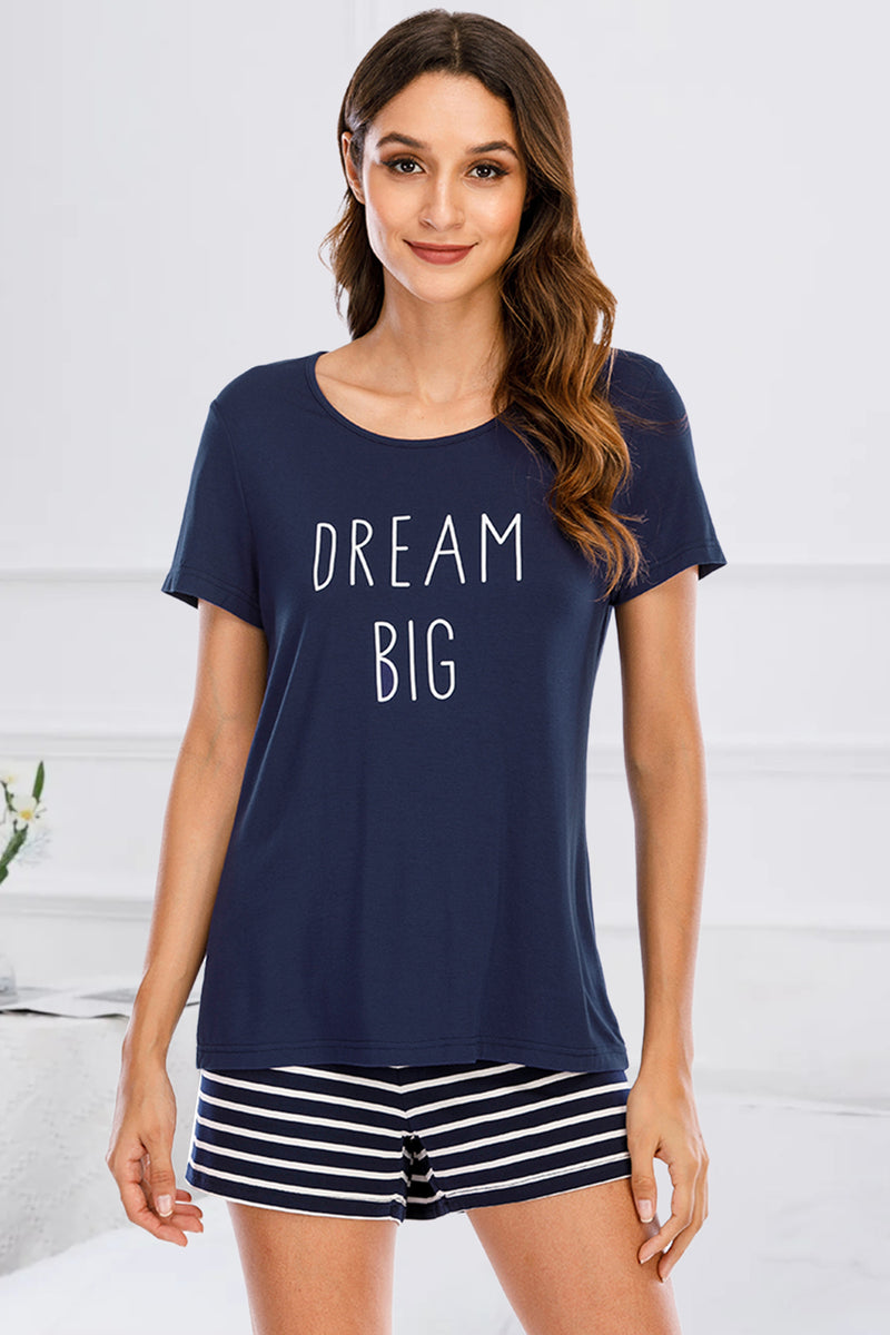Graphic Round Neck Top and Striped Shorts Lounge Set Dark Blue