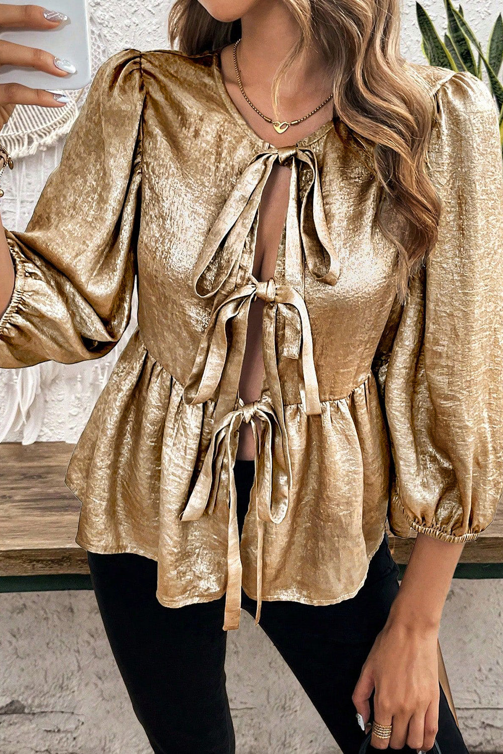 Tied Peplum Three-Quarter Sleeve Blouse Gold