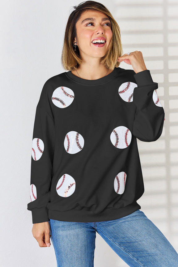 Sequin Baseball Round Neck Dropped Shoulder Sweatshirt Black