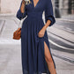 V-Neck Long Sleeve Pleated Slit Dress