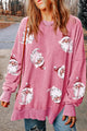 Sequin Santa Drop Shoulder Slit Sweatshirt Carnation Pink