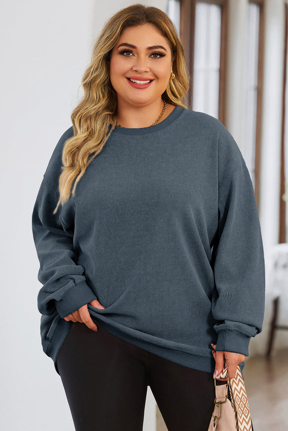 Plus Size Round Neck Dropped Shoulder Sweatshirt French Blue