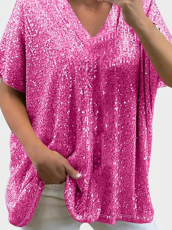 Full Size Sequin V-Neck Short Sleeve Top Deep Rose