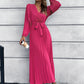 V-Neck Tie Waist Pleated Maxi Dress