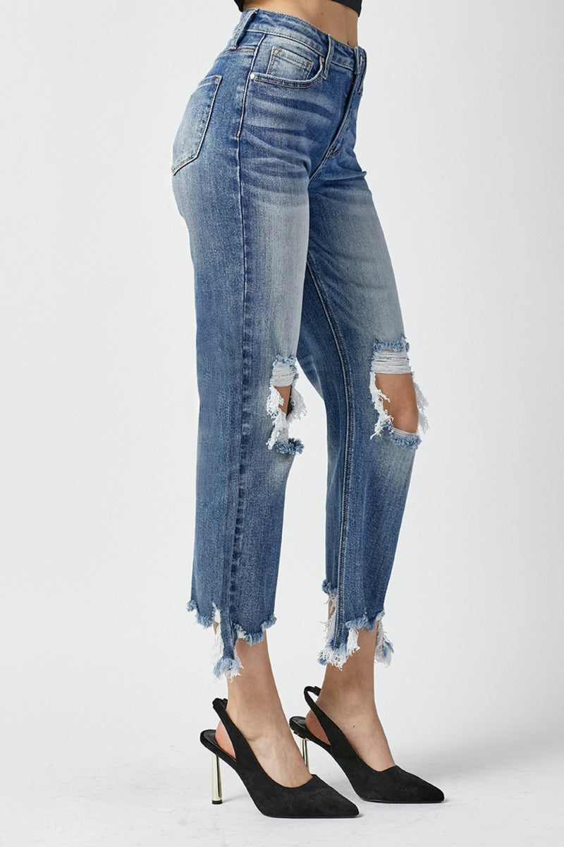 RISEN High Waist Distressed Frayed Hem Cropped Straight Jeans