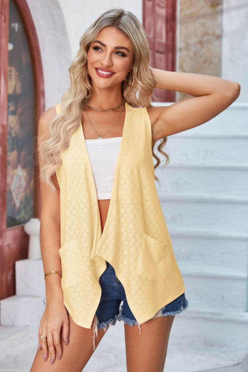 Eyelet Open Front Sleeveless Cardigan