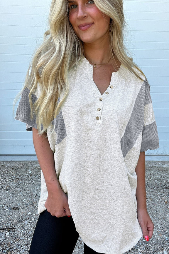 Two Tone Contrast Waffle Knit Patched Buttoned V Neck Top Gray