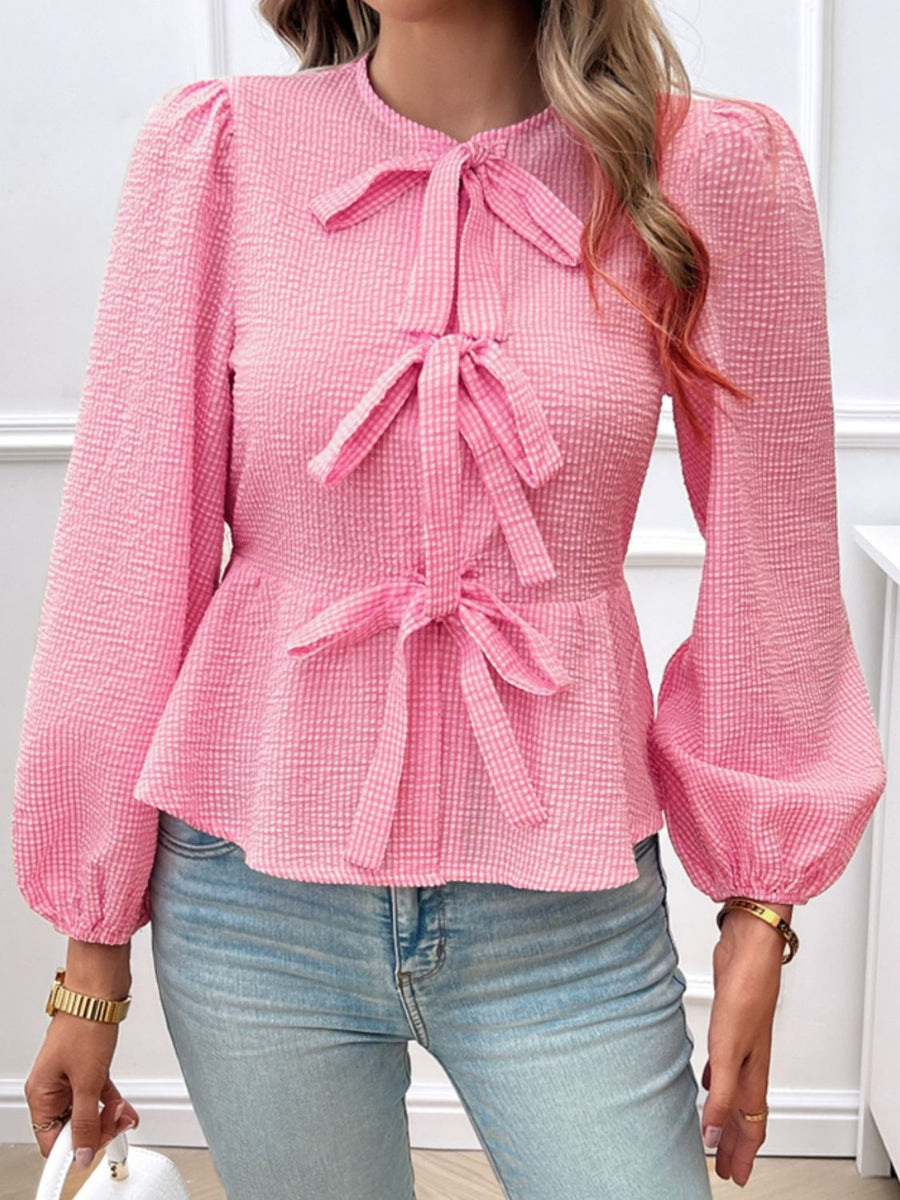Devine Tied Round Neck Long Sleeve Blouse Pink