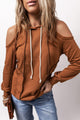 Cold Shoulder Long Sleeve Hoodie Caramel