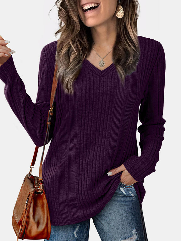 V-Neck Long Sleeve T-Shirt Plum Purple