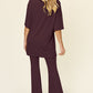 Double Take Full Size Round Neck Drop Shoulder T-Shirt and Flare Pants Set