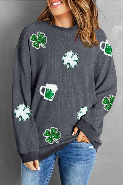 Lucky Clover Beer Sequin Round Neck Sweatshirt Dark Gray