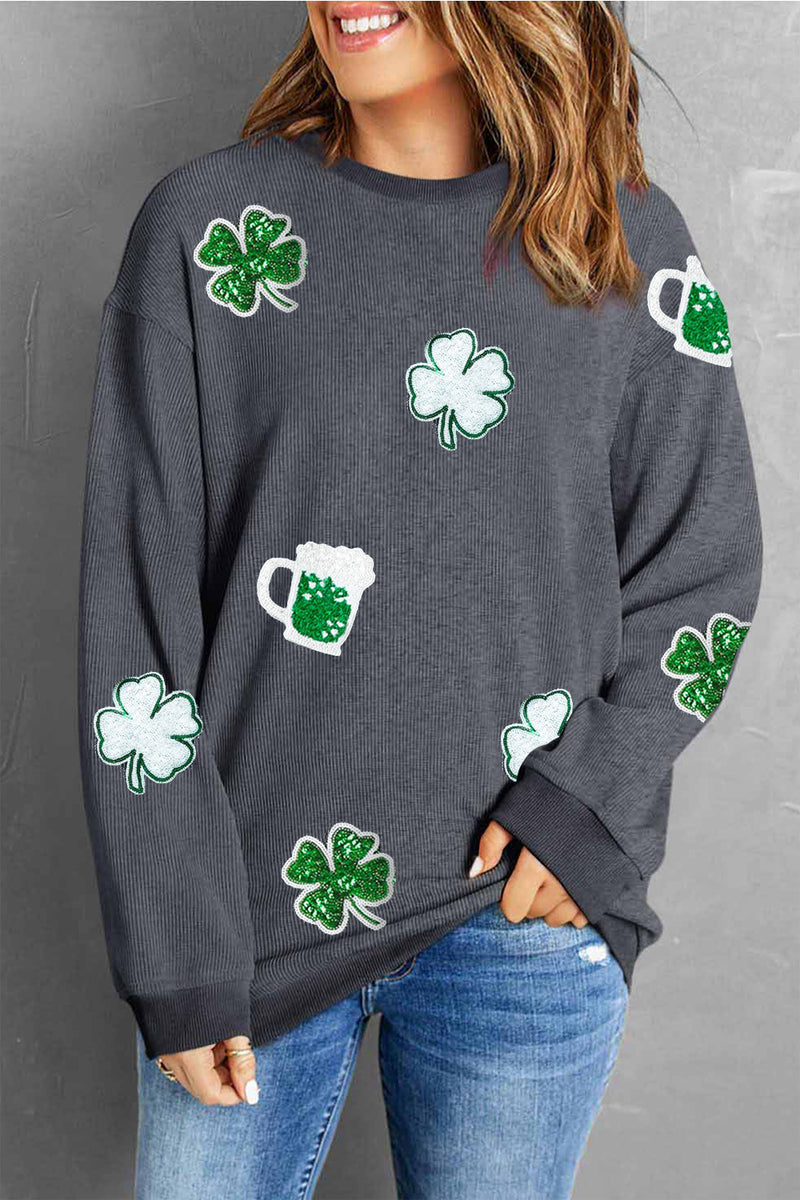 Lucky Clover Beer Sequin Round Neck Sweatshirt Dark Gray