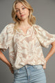 Umgee Full Size Boxy Cut Split Neck Floral Print Top Plus Size Tan