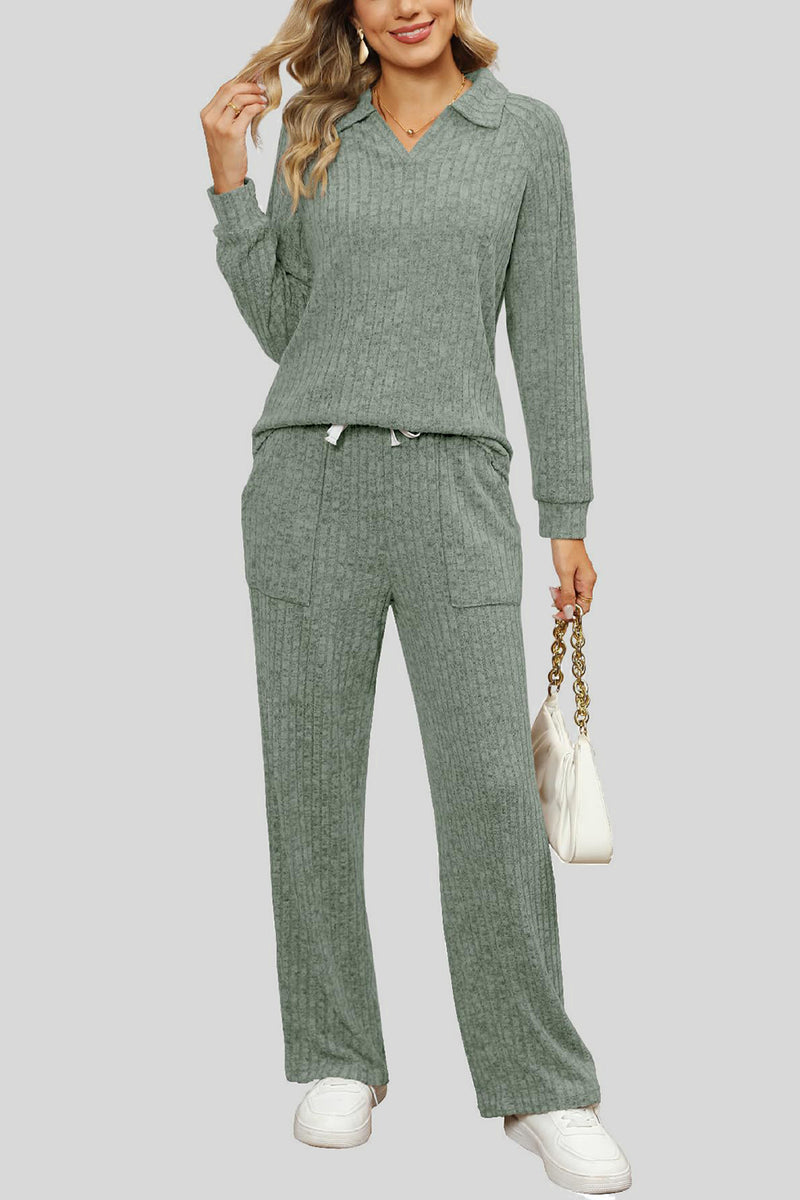 Ribbed Long Sleeve Top and Pocketed Pants Set Sage