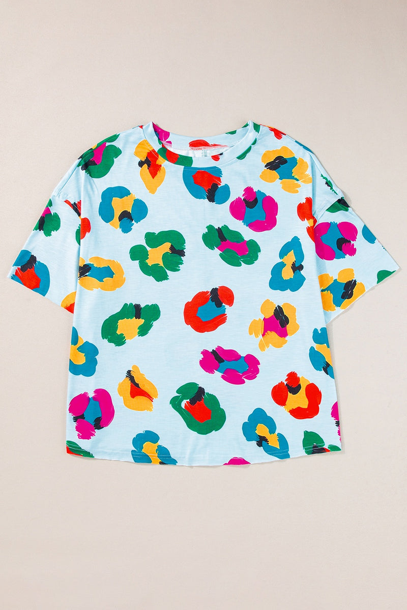 Printed Round Neck Half Sleeve Top Light Blue