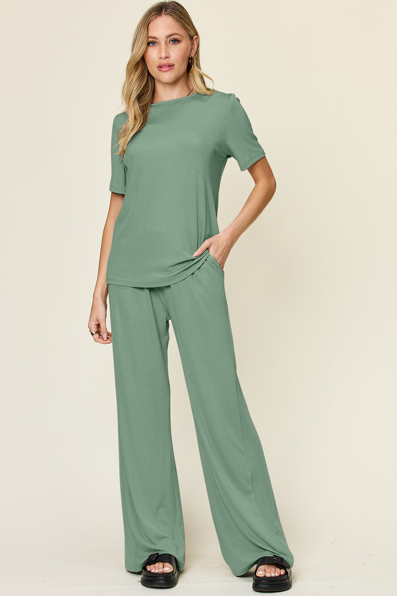Double Take Full Size Round Neck Short Sleeve T-Shirt and Wide Leg Pants Set Light Green