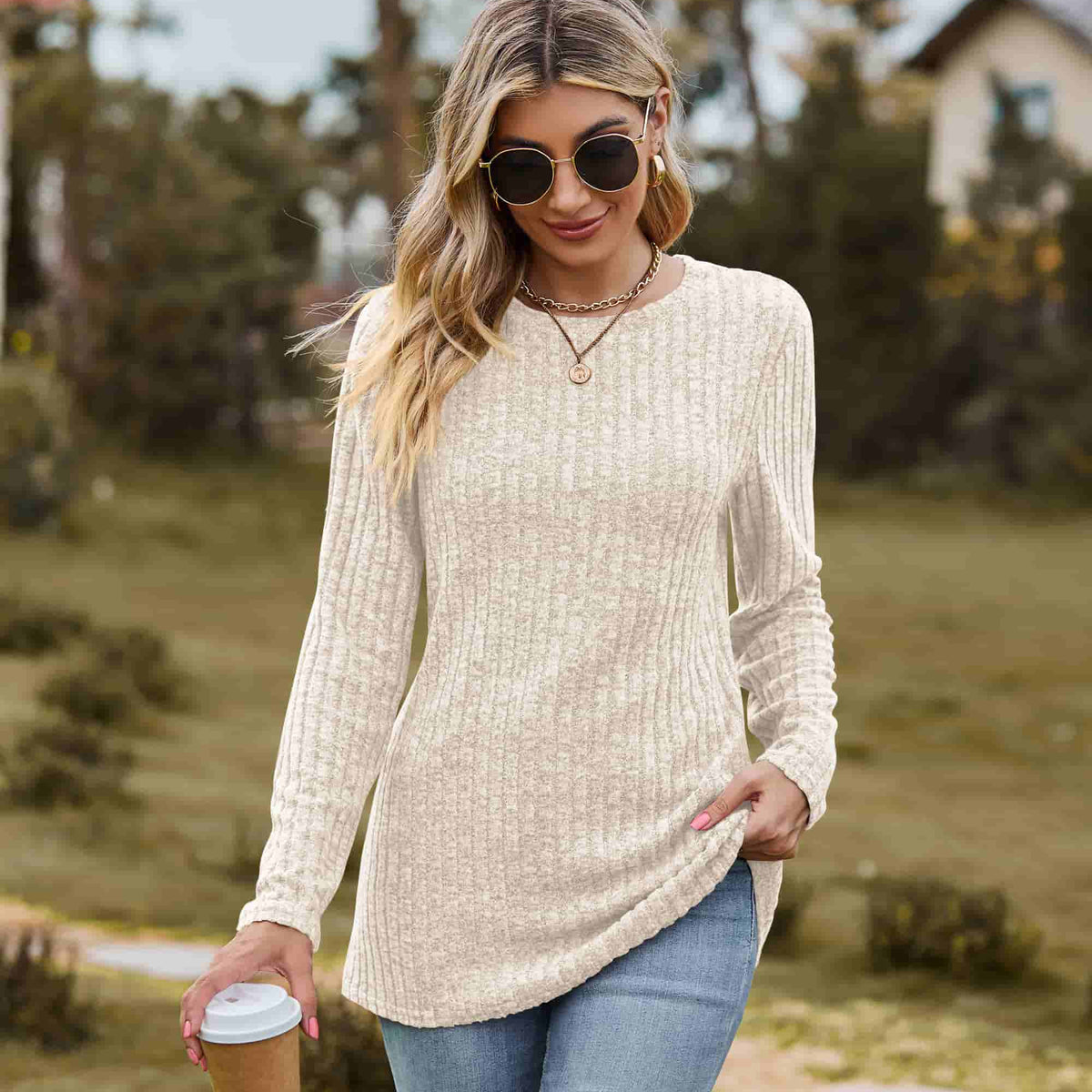 Ribbed Round Neck Long Sleeve Tee Beige