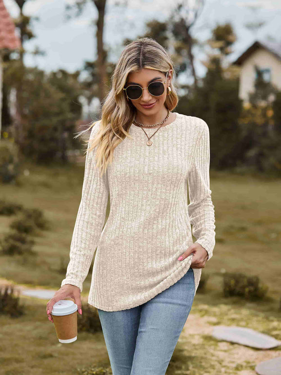 Ribbed Round Neck Long Sleeve Tee Beige