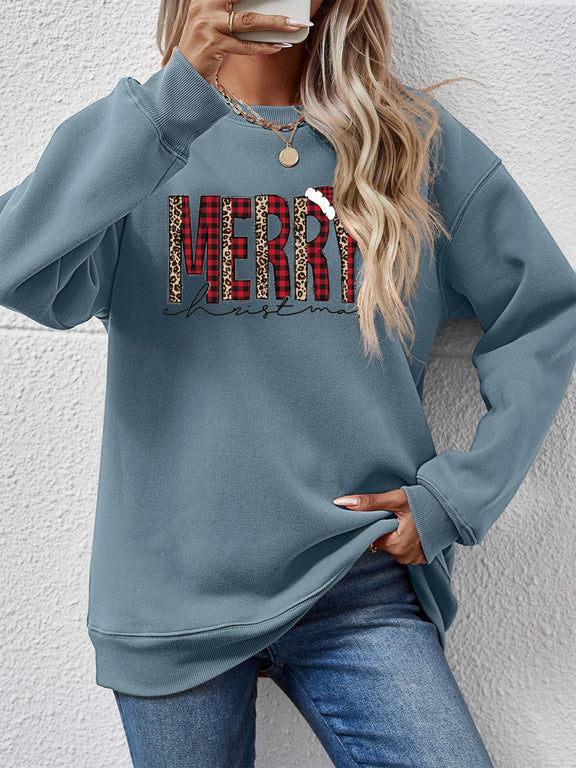 MERRY CHRISTMAS Round Neck Long Sleeve Sweatshirt French Blue