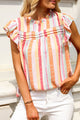 Ruffled Striped Round Neck Cap Sleeve Blouse Stripe