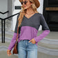 V-Neck Long Sleeve Two-Tone T-Shirt