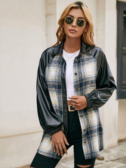 Ivy Lane Plaid Button Down Raglan Sleeve Jacket Navy