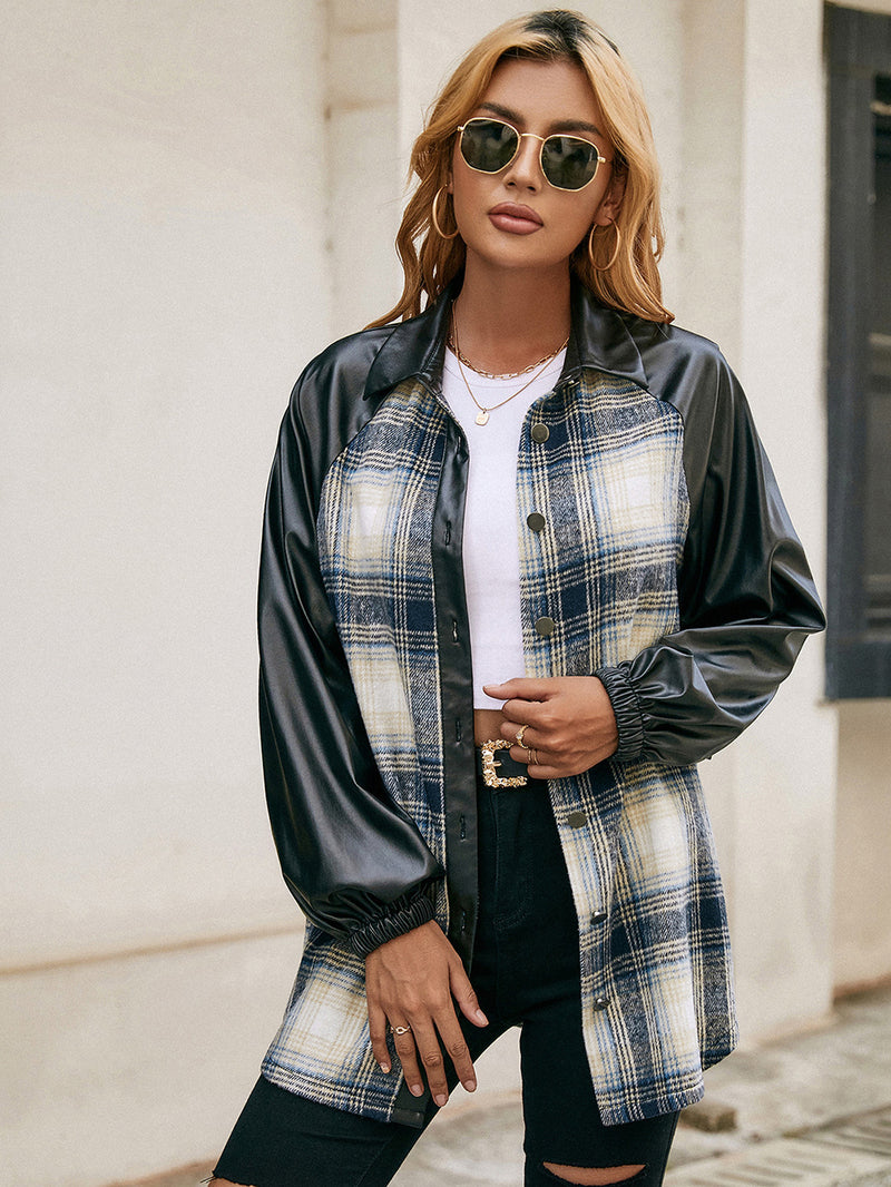 Ivy Lane Plaid Button Down Raglan Sleeve Jacket Navy