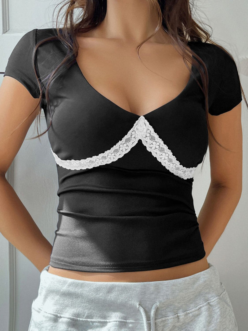Devine Lace Detail Short Sleeve T-Shirt Black