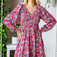 Floral Smocked V-Neck Flounce Sleeve Dress